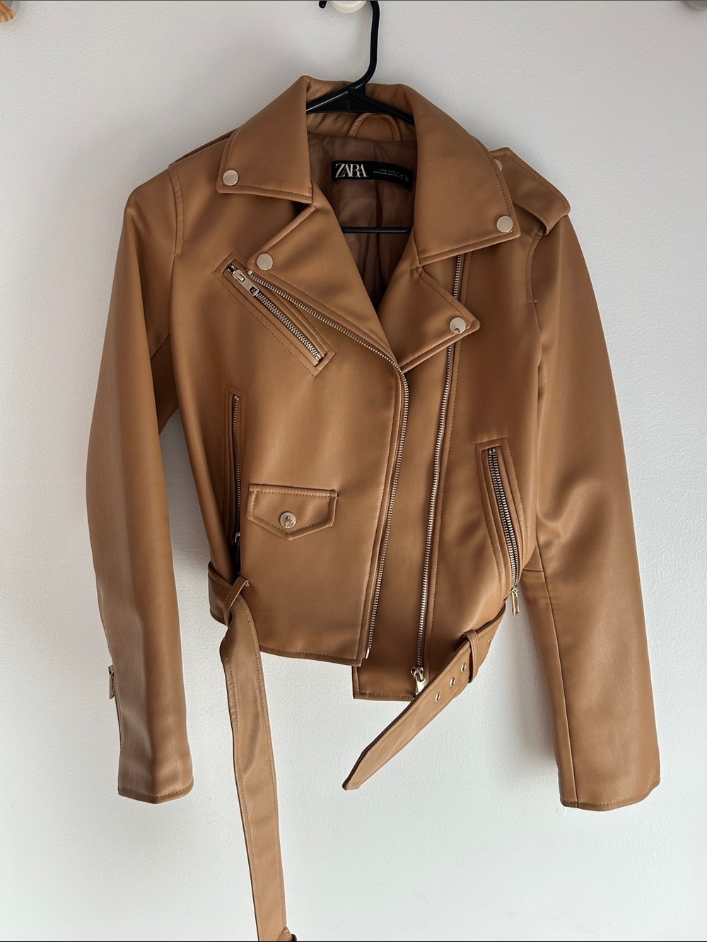 Zara Tan Faux Leather Biker Jacket with Belt